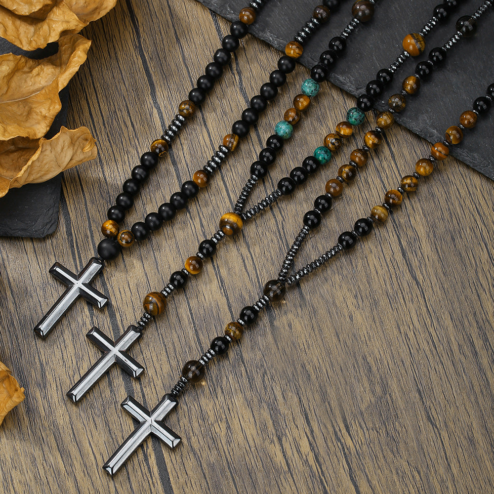 Wholesale Black gallstone yellow tiger eye iron stone cross necklace for men